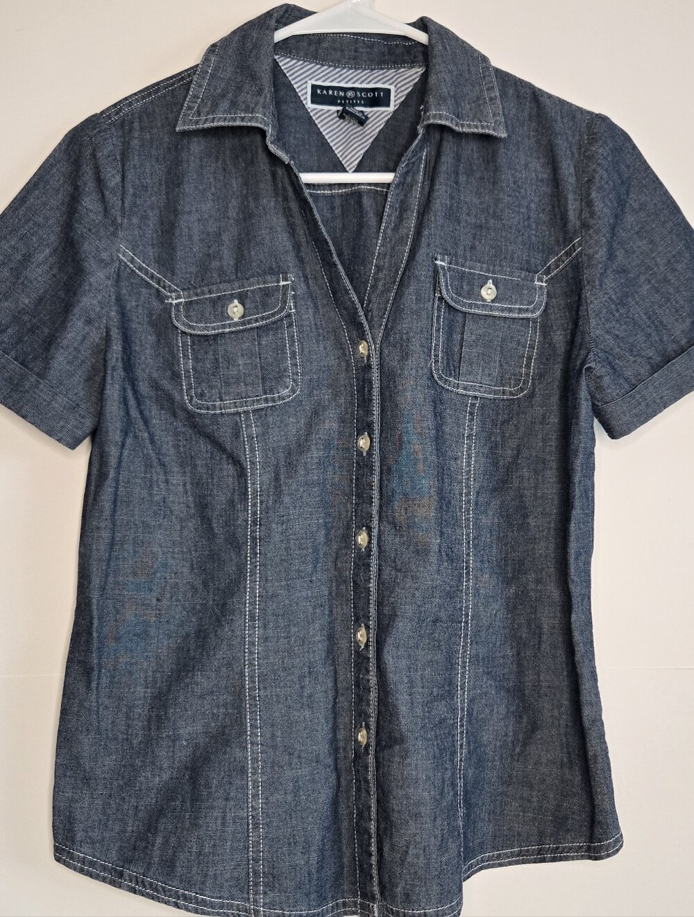 Karen Scott Vintage Blue Denim Short Sleeve Button Up Size PS Western Chic
